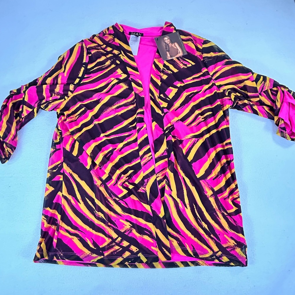 IMAN Global Chic Pink Yellow Tiger Stripe Mesh Open Front Cardigan‎ NWT 1X